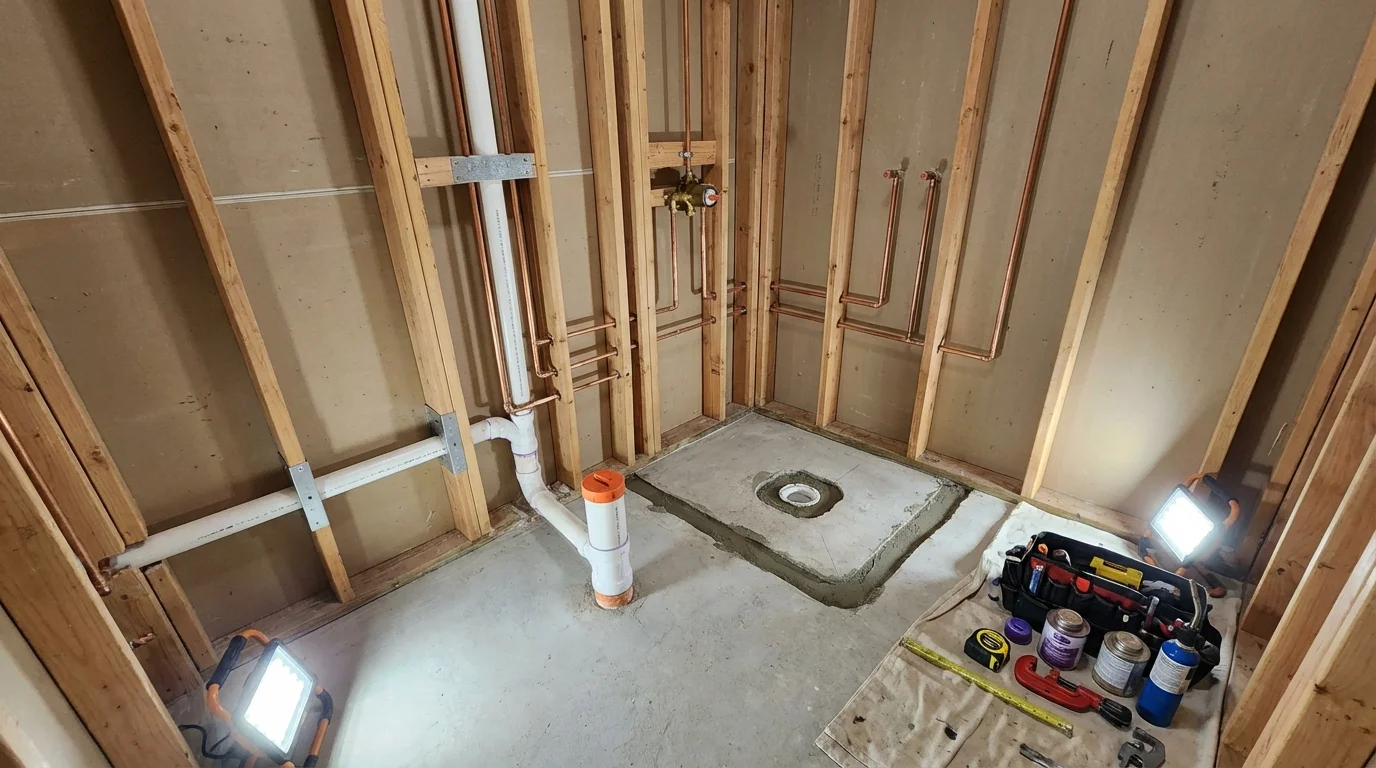 Bathroom rough-in plumbing during remodel by Johns Plumbing LLC in Newbern