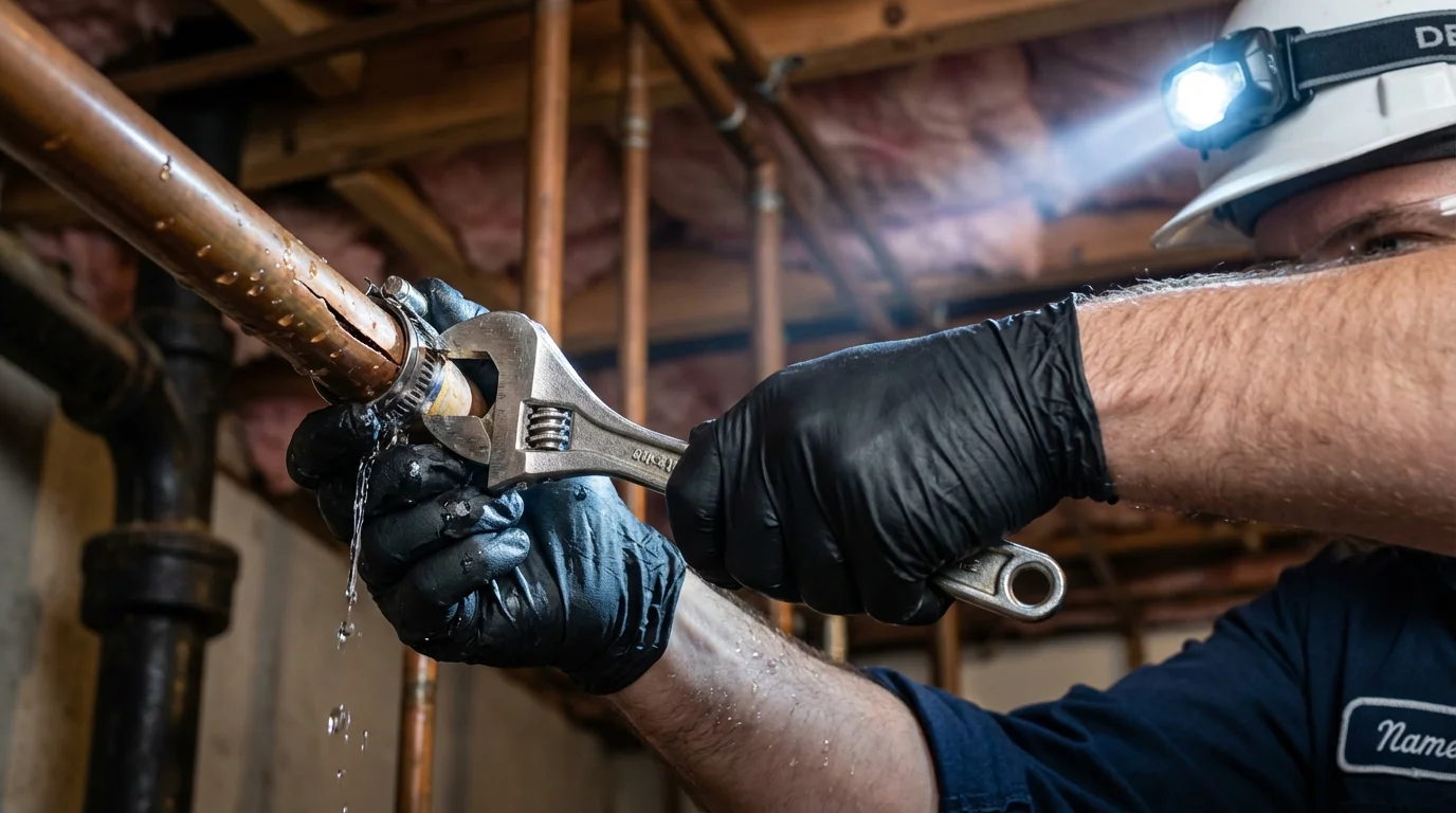 Emergency pipe clamp repair being performed by a Johns Plumbing LLC plumber in Newbern