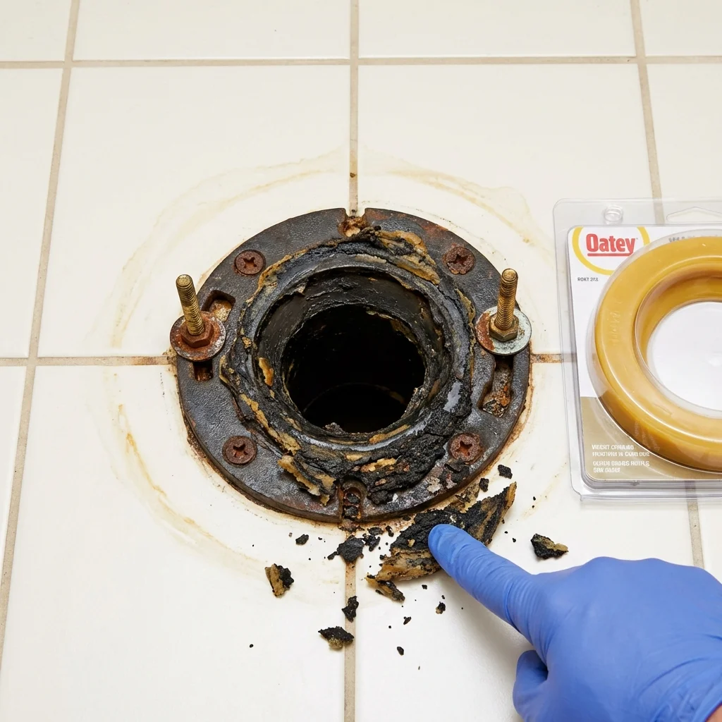Failed wax ring showing water seepage at the base of a toilet in a Newbern, TN home