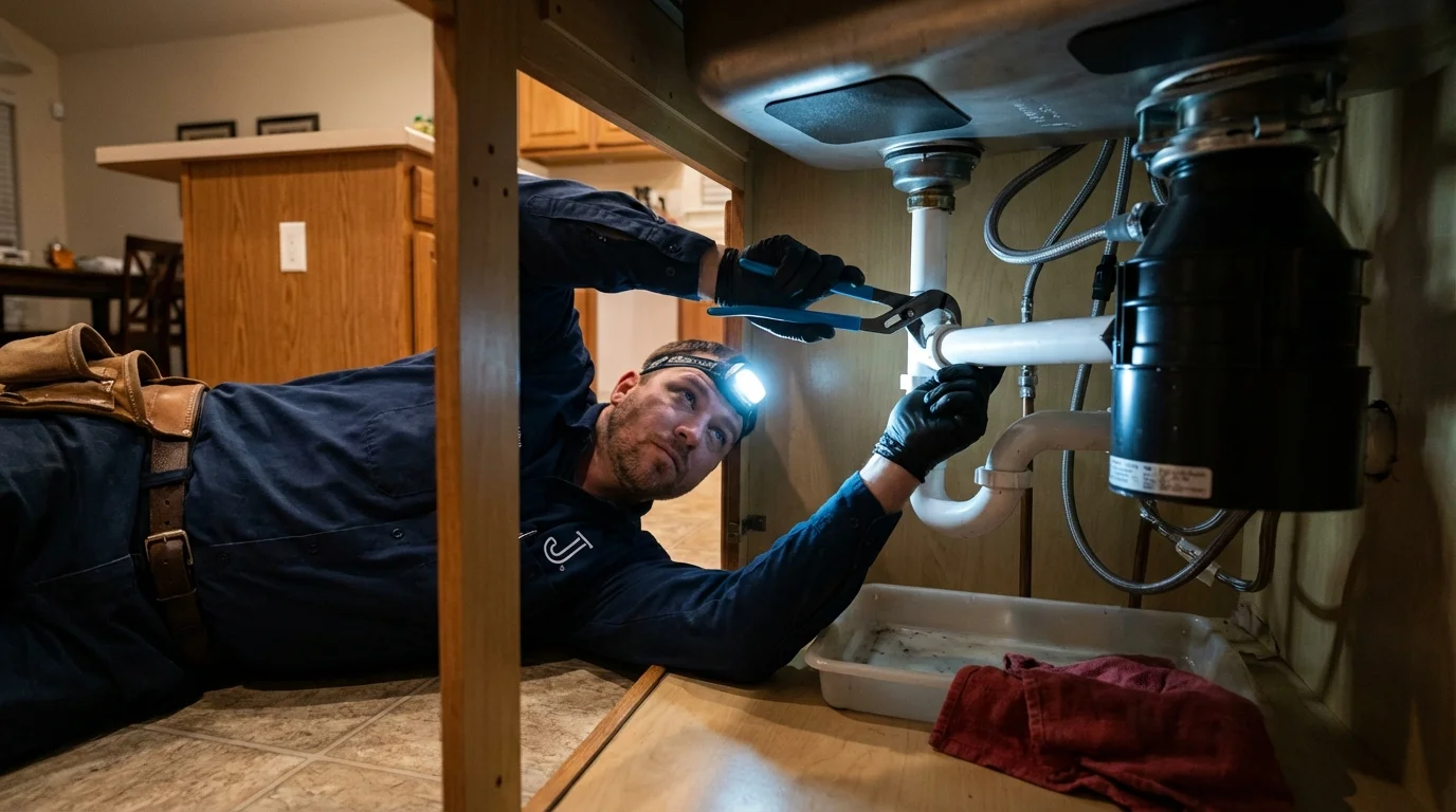 P-trap and supply line connections under a kitchen sink showing a common leak point in Newbern, TN